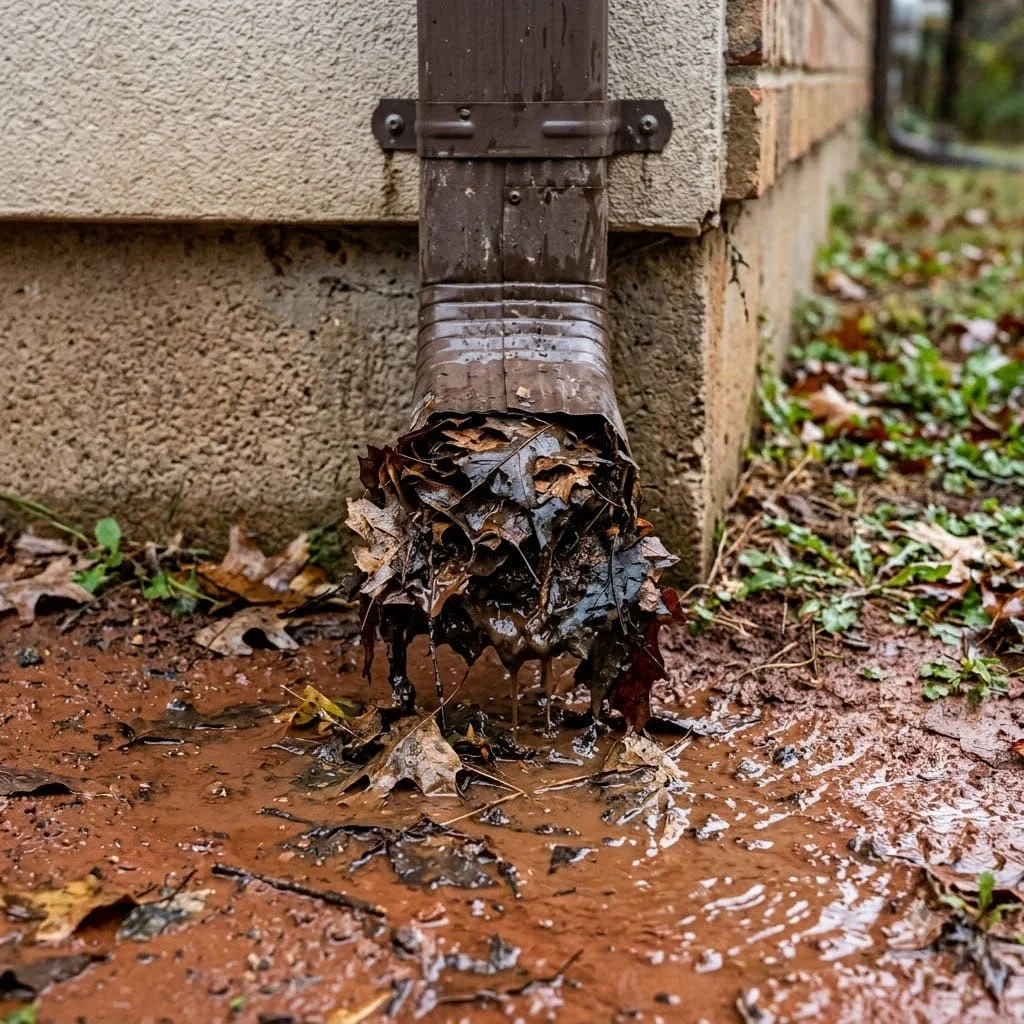 Bottom of a brown downspout packed with wet leaves, with muddy red clay soil pooled at the base of a house foundation