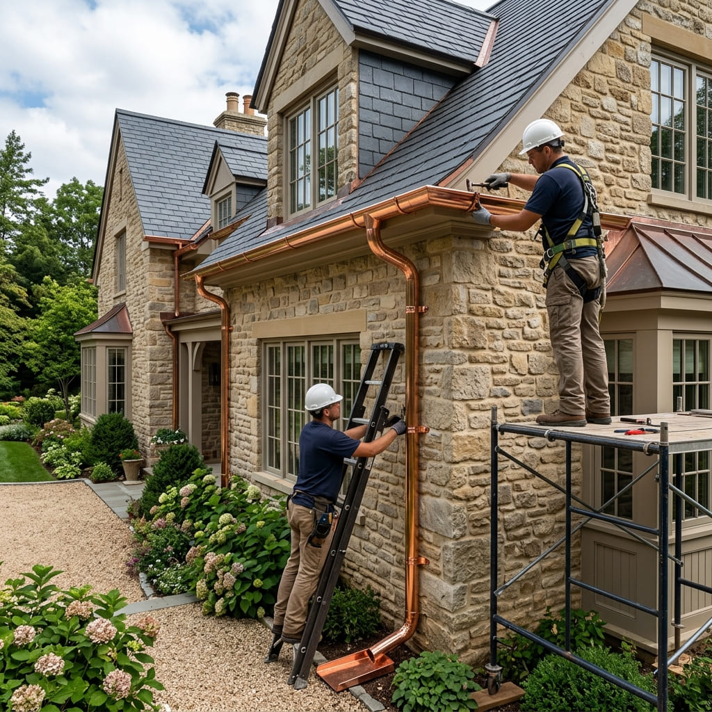 Gutter guard panels being fastened to a gutter trough during installation
