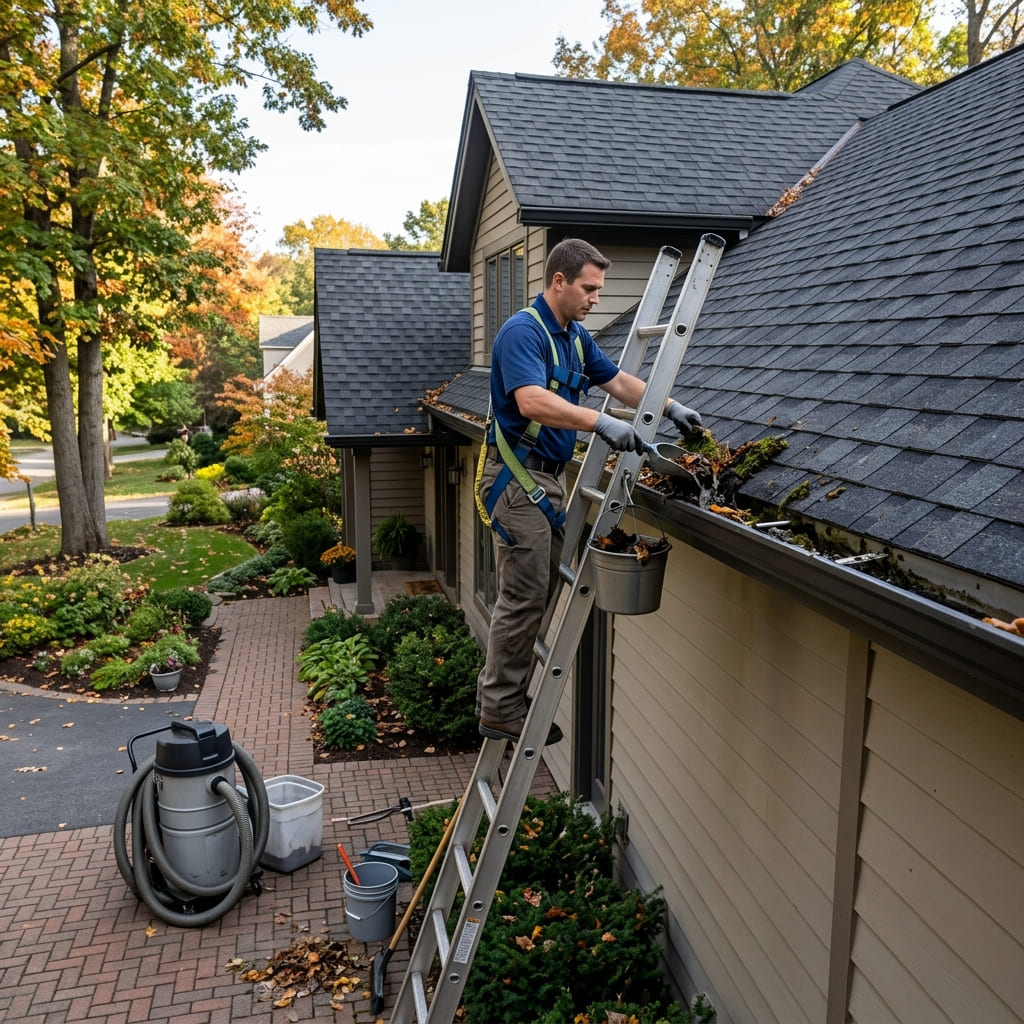 Pine straw and leaf debris being cleared from a residential gutter in Augusta GA