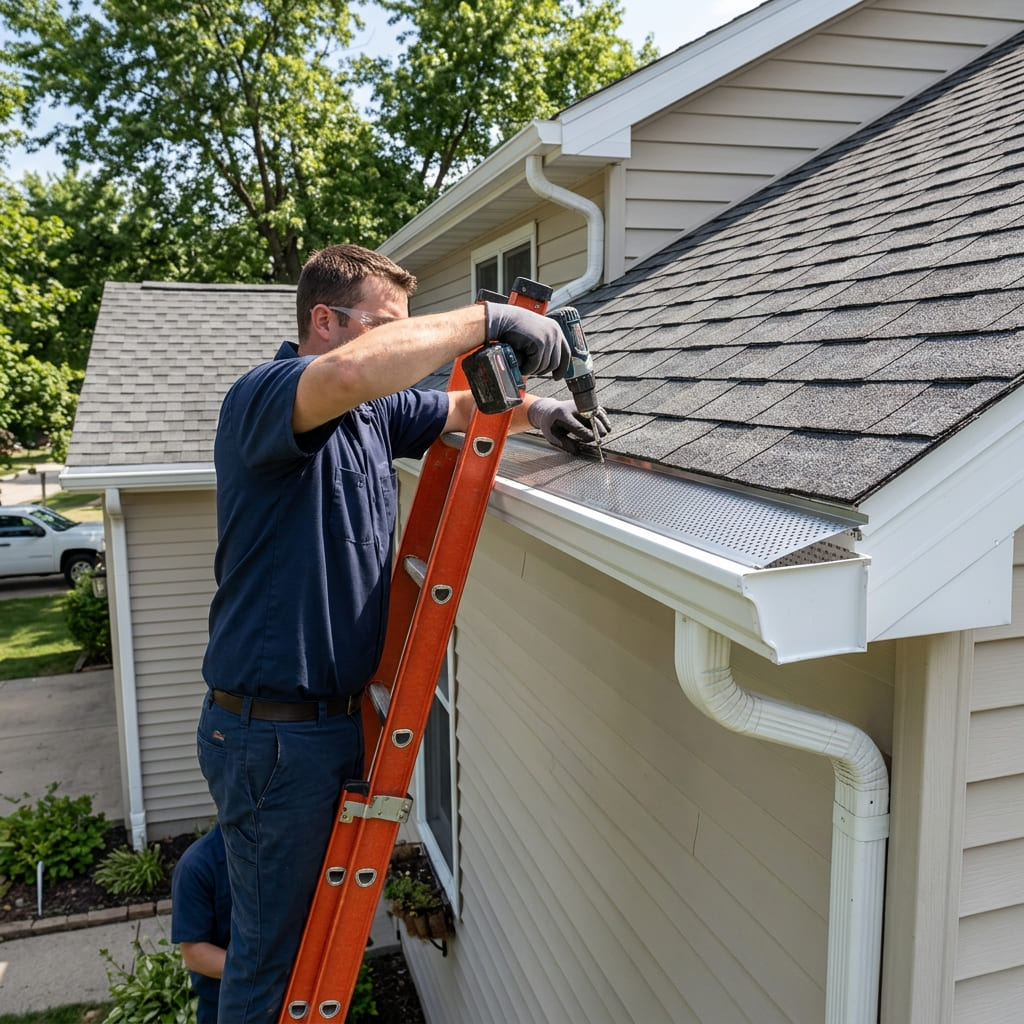 Micro-mesh gutter guard installed over a gutter to block pine needles and leaves