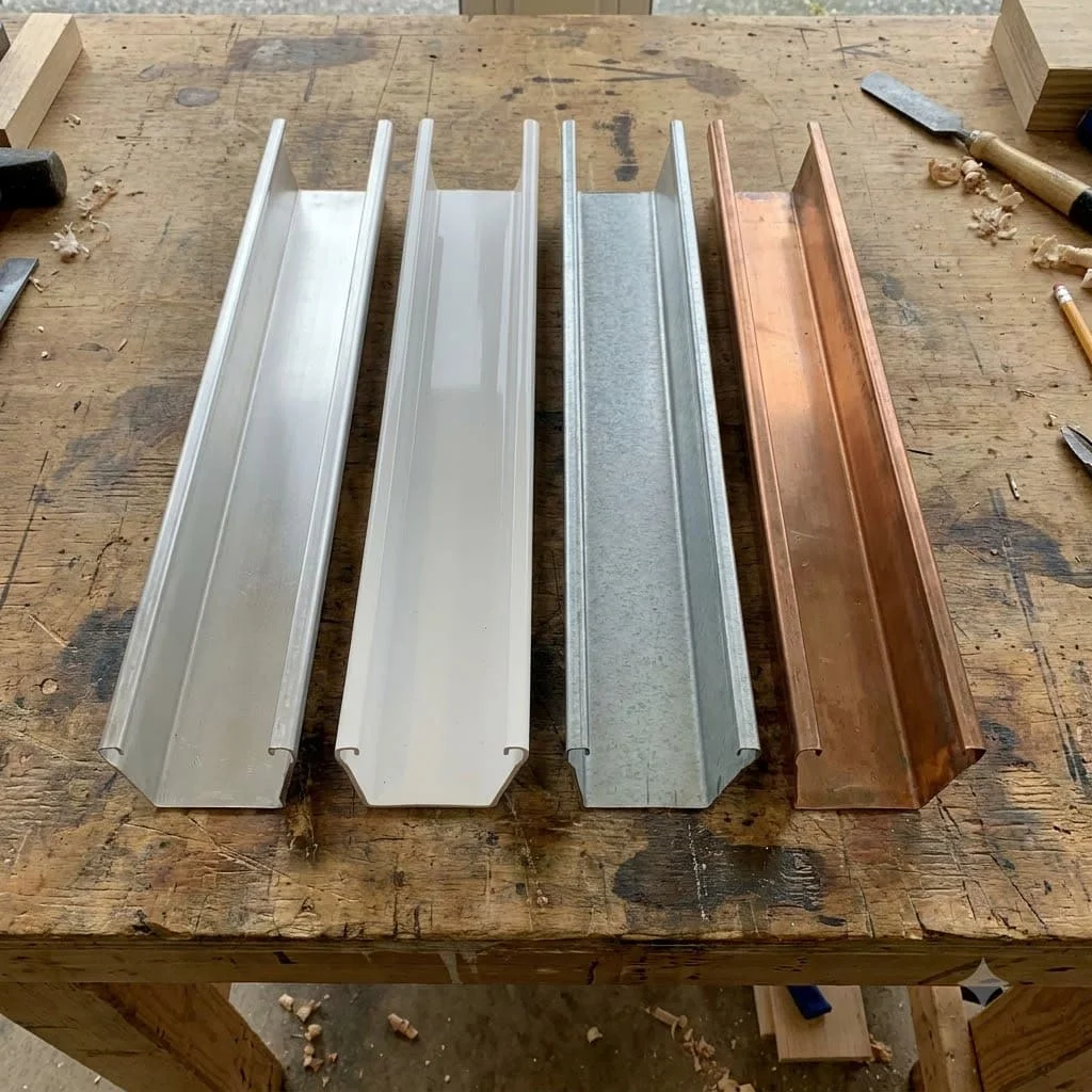 Offcut sections of aluminum, vinyl, galvanized steel and copper gutter laid side by side on a workbench