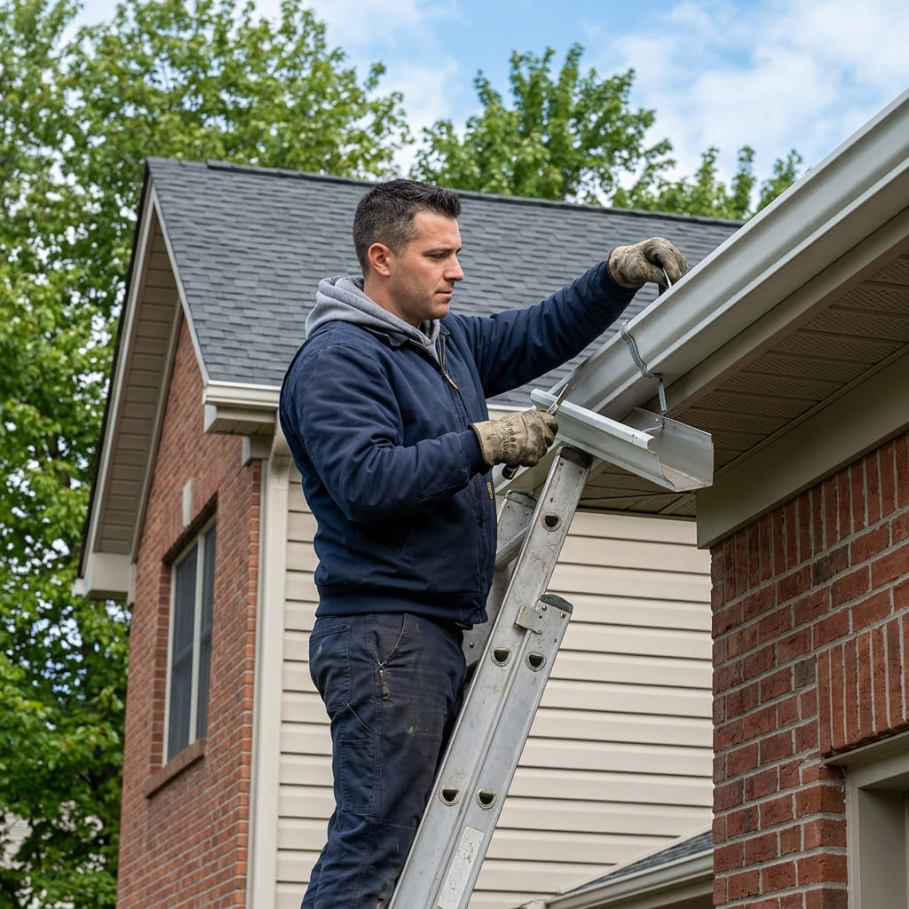 Technician inspecting and repairing a gutter run on a home in Augusta, Georgia