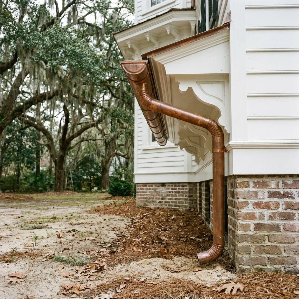 Copper half-round gutter and round downspout on a historic home with deep eaves
