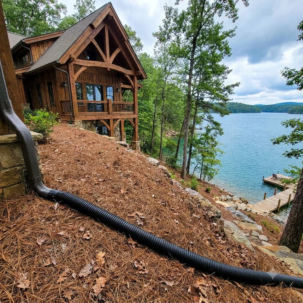 Downspout drain line running downhill from a lakeside home toward the water