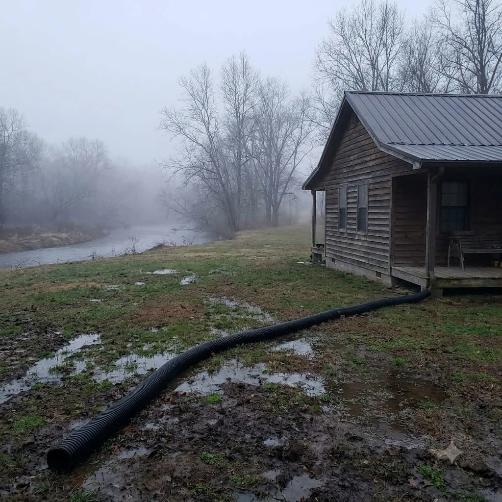 Downspout extension crossing damp bottomland soil beside a low-lying home