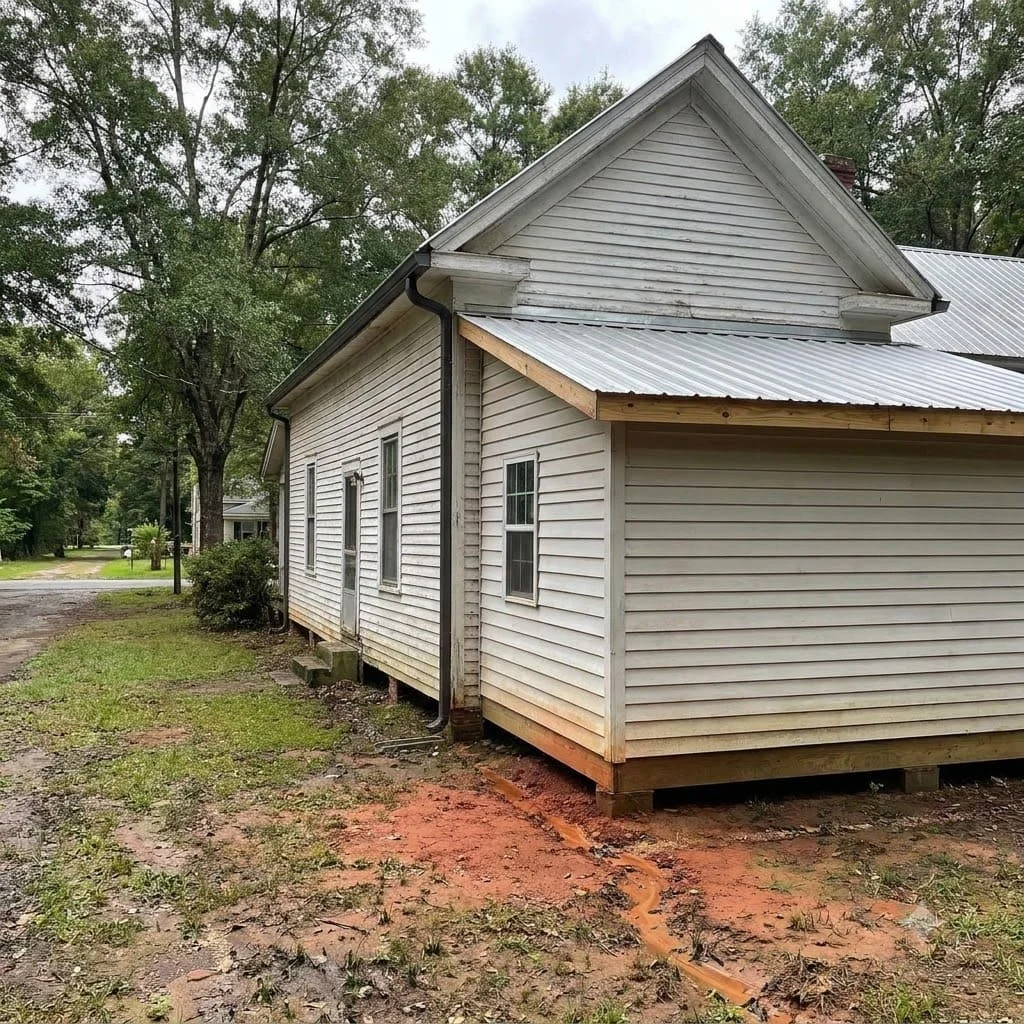 Gutter on the original roofline and none on the rear addition, with erosion below