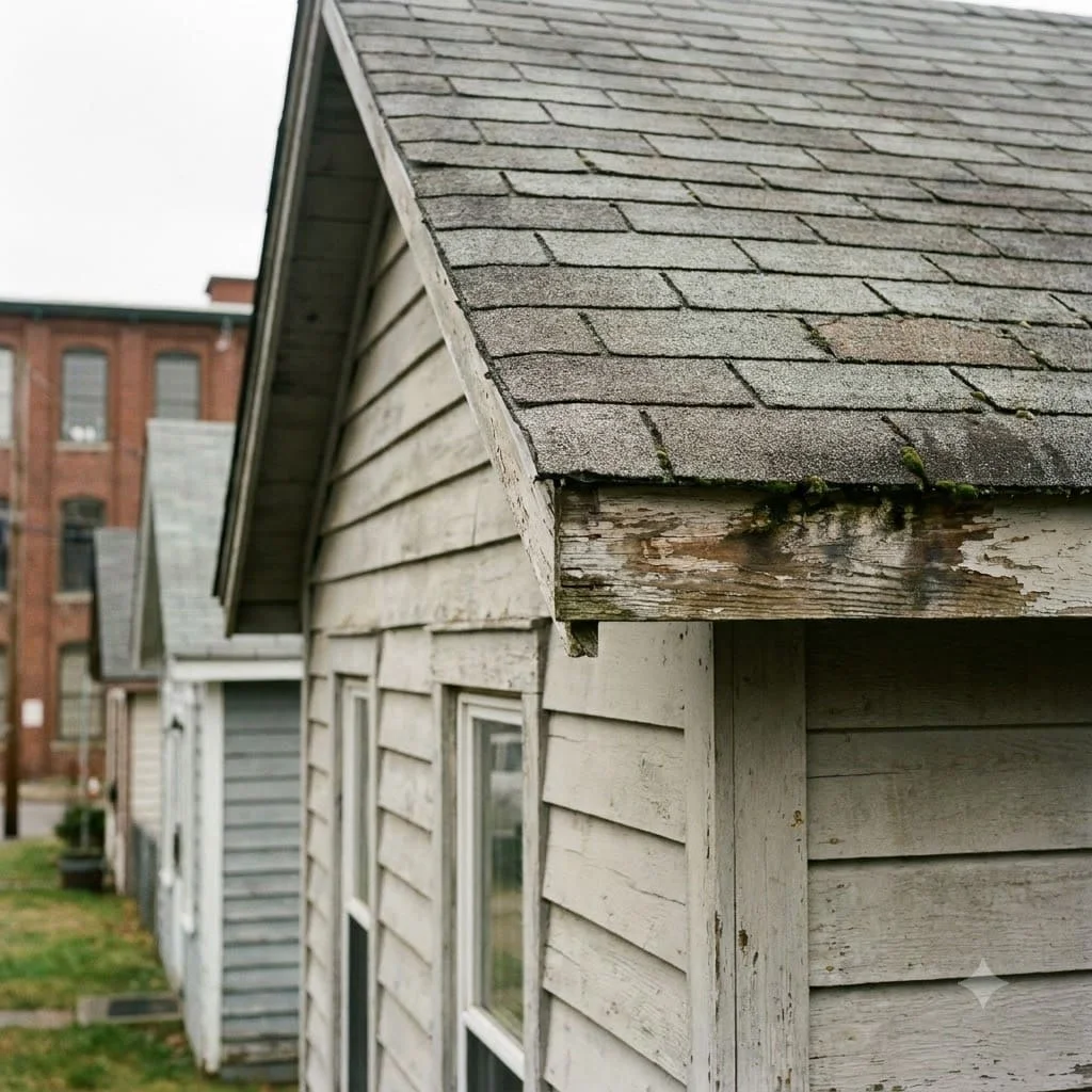 Short eave overhang and narrow original fascia on an early-1900s mill village cottage