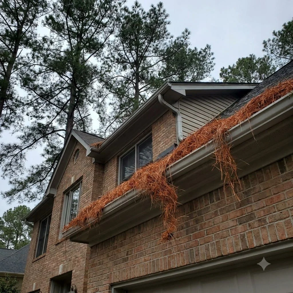 Pine straw packed into the gutter of a newer subdivision home under loblolly pines