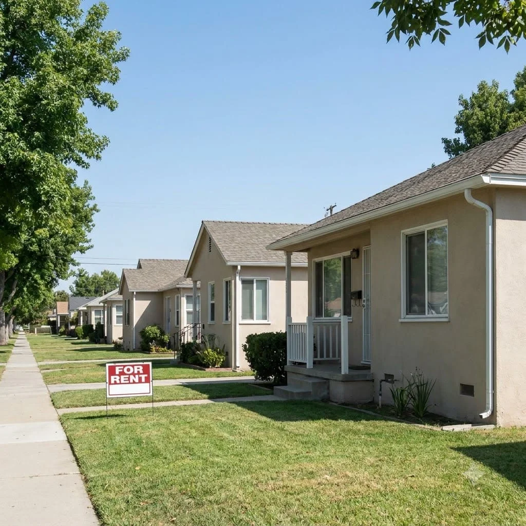 Plain white gutters on a modest single-story home in a uniform residential street