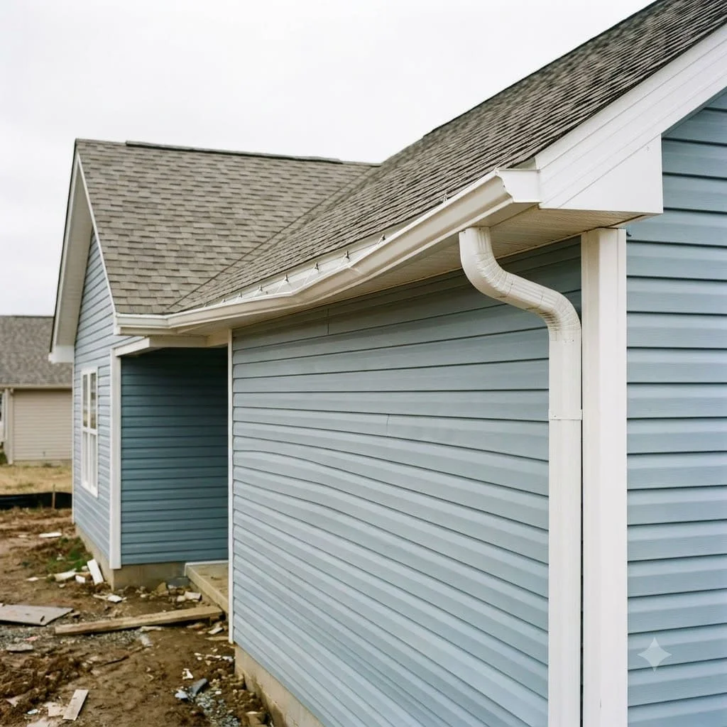 Thin builder-grade gutter with an undersized downspout on a newly built home