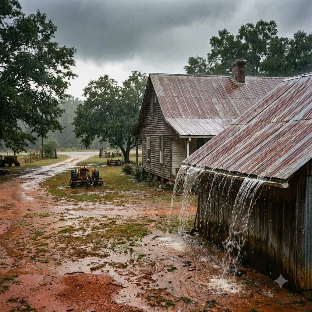 Rainwater sheeting off a metal roof and overshooting the gutter beneath it