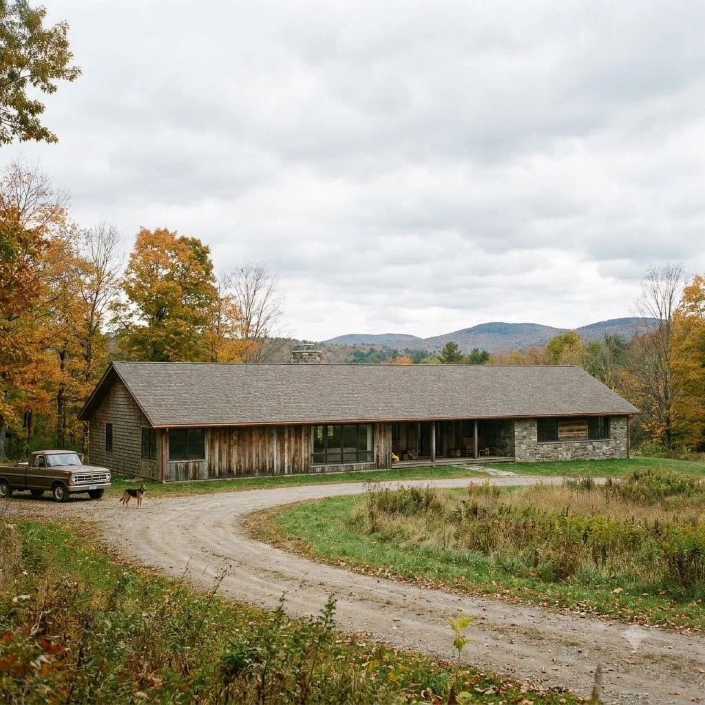 A long unbroken single-story roofline with continuous gutter on a wooded lot