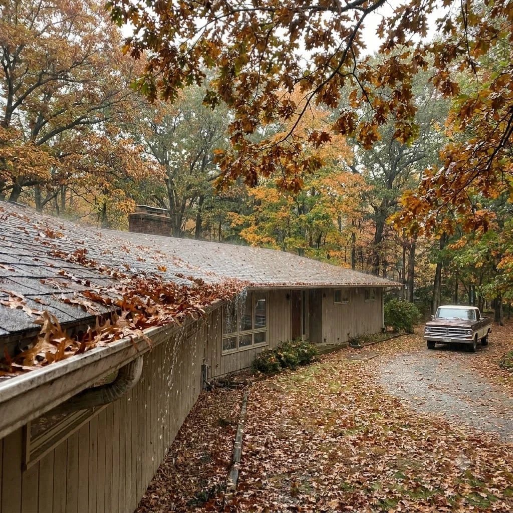 Wet hardwood leaves overflowing a gutter beneath a mature tree canopy