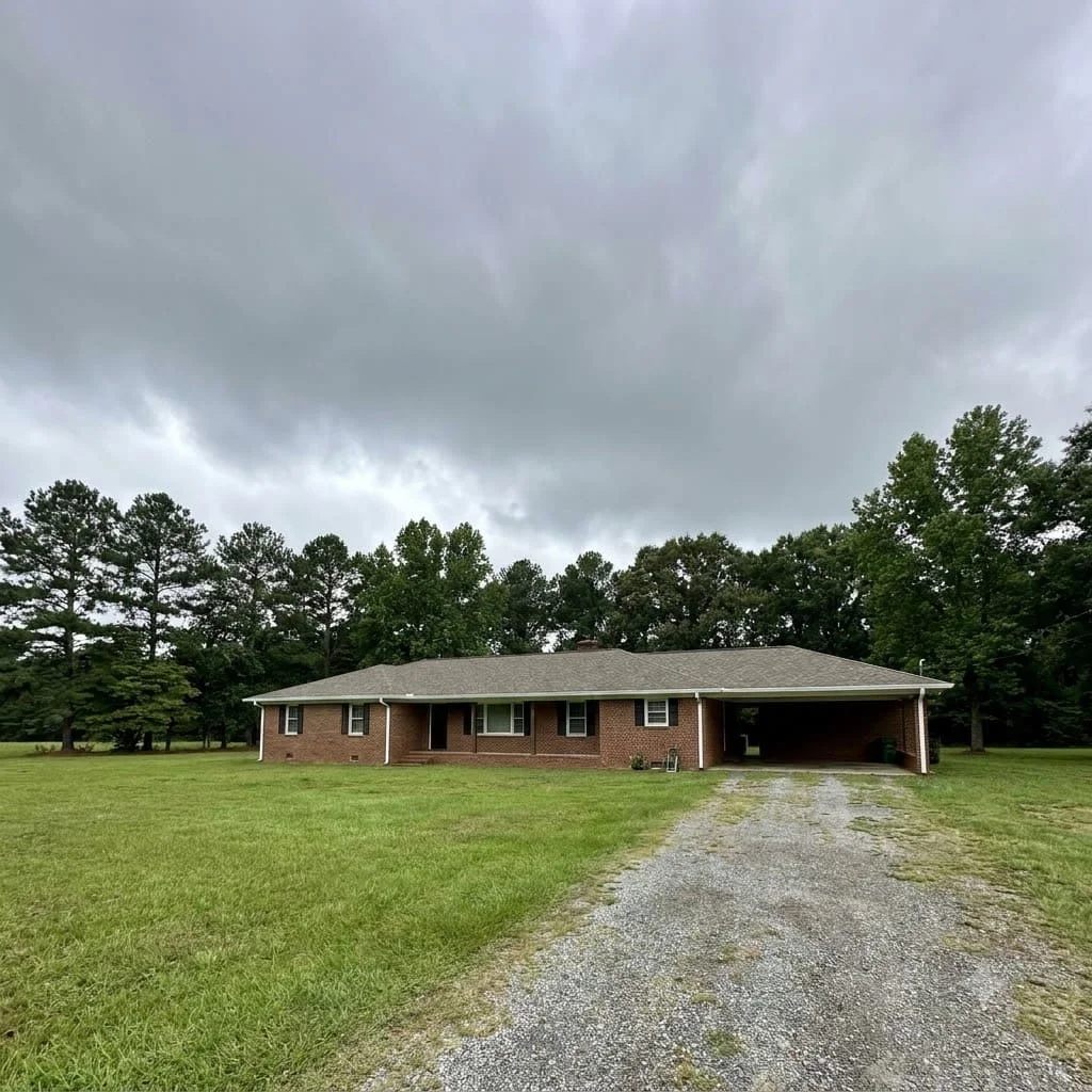 Seamless white gutters along the roofline of a South Carolina brick ranch home
