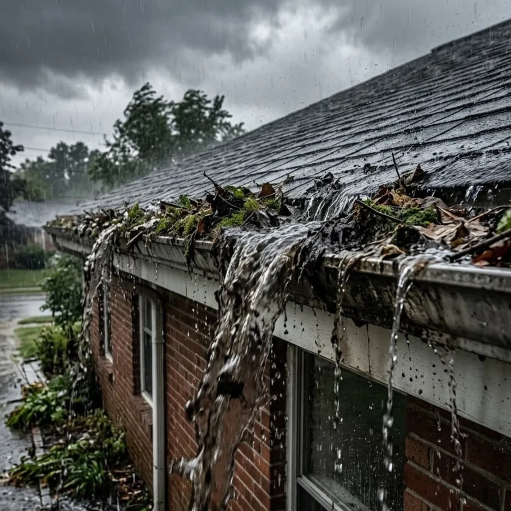 Rainwater pouring over a gutter clogged with leaves and moss on a brick house during a heavy storm