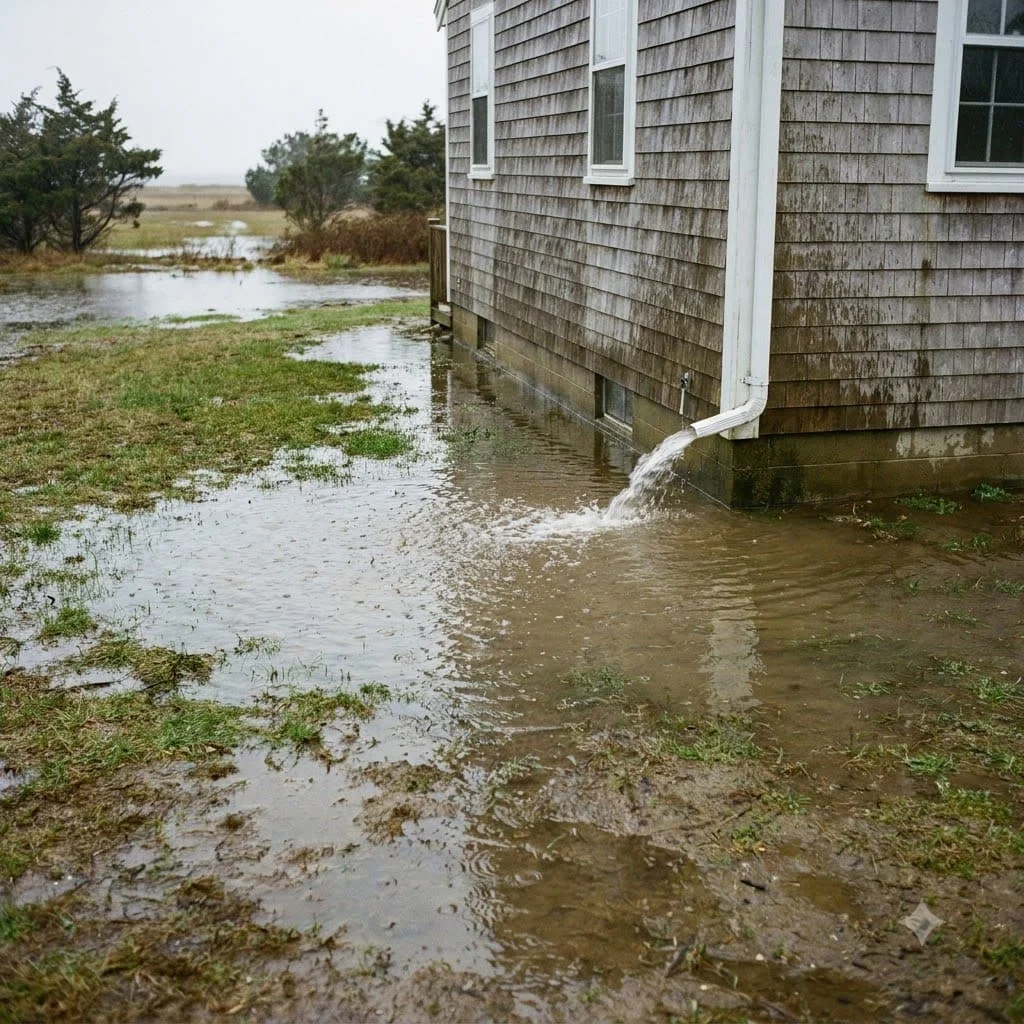 Downspout discharging onto flat saturated ground with water pooling near the foundation