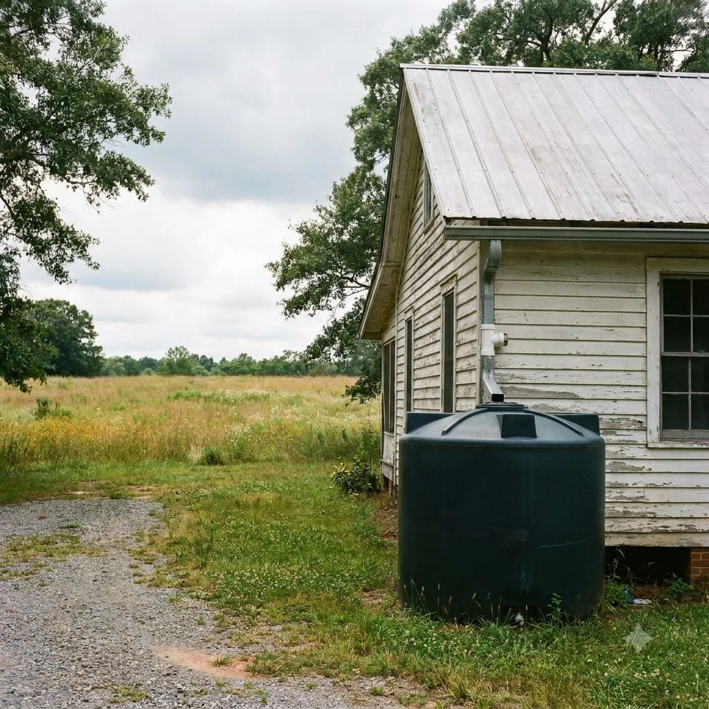 Downspout routed into a rainwater collection tank beside a rural farmhouse
