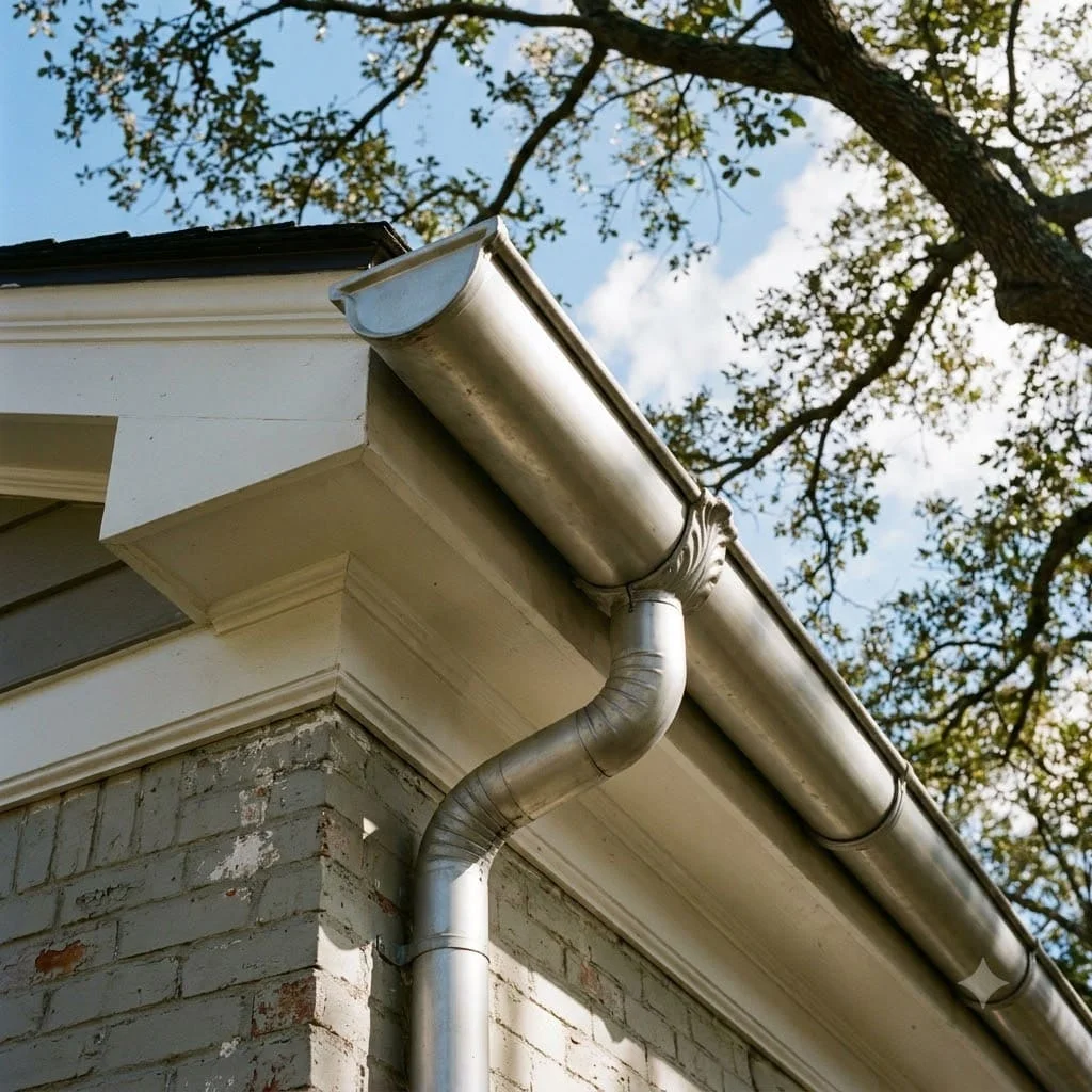 Half-round gutter on decorative brackets with a round downspout at the eave of an older painted-brick home