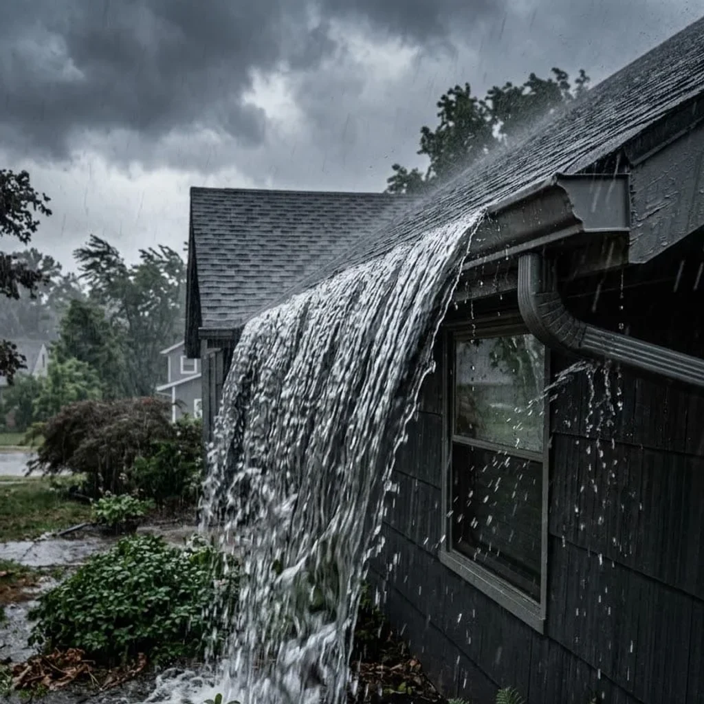 Rainwater pouring off a roof and over a gutter onto the garden beds of a house during a heavy summer thunderstorm