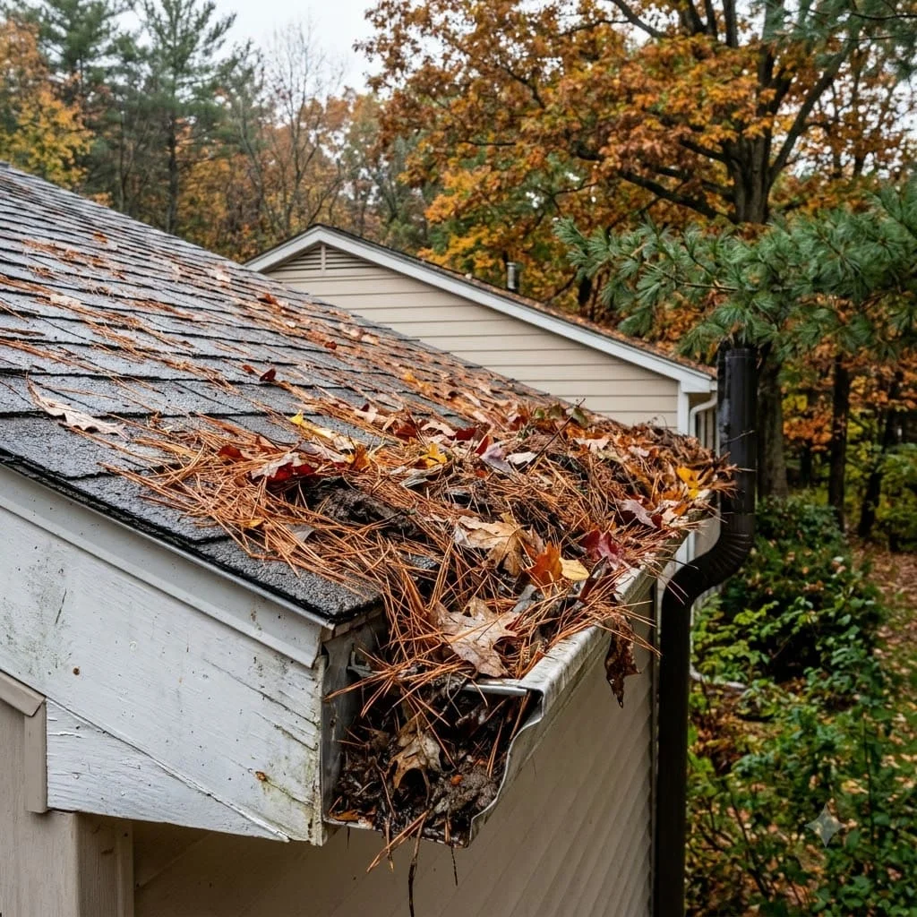 Gutter packed with pine needles and fallen leaves at the edge of a shingle roof, with pine and autumn hardwood trees behind the house