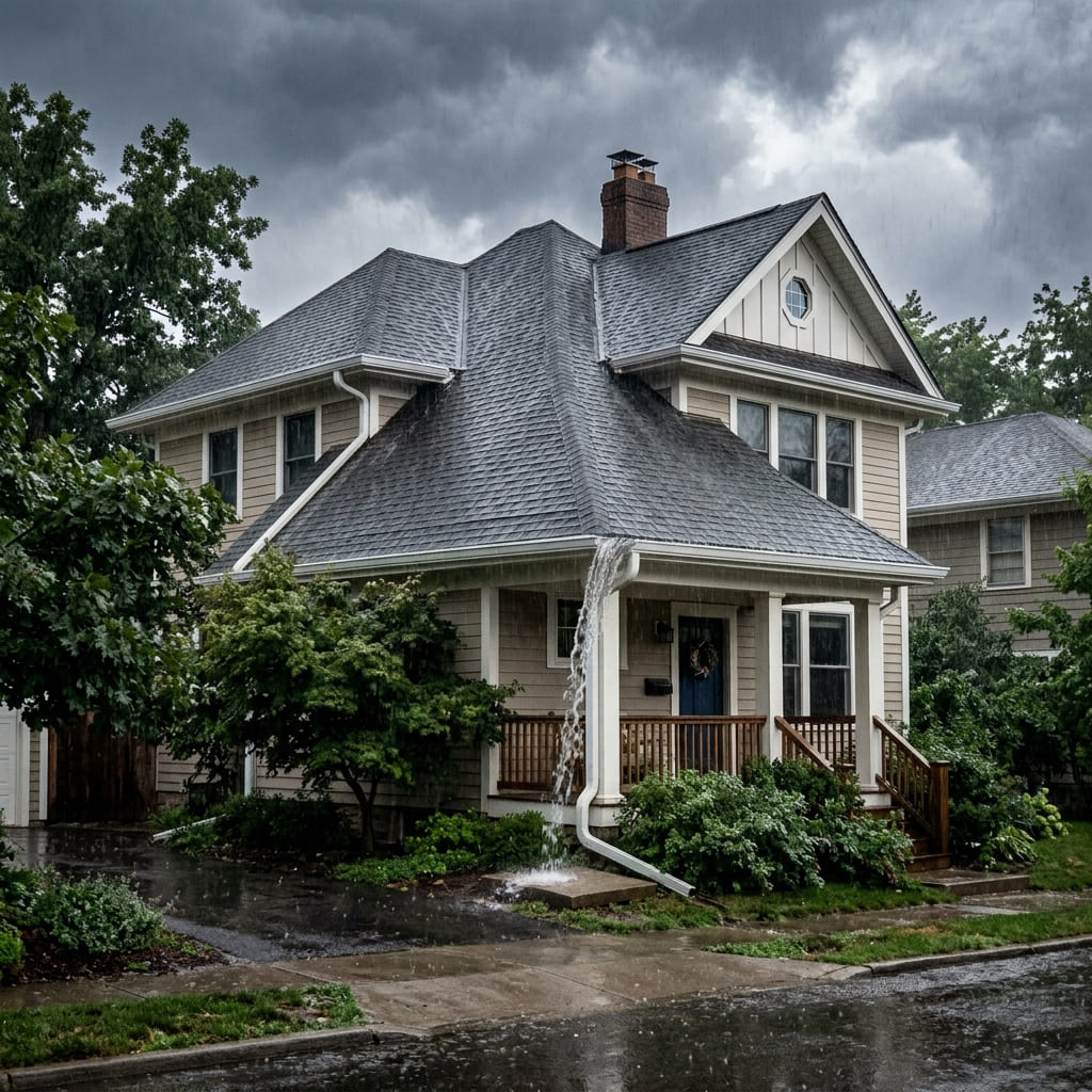 Rainwater pouring off the roofline of a home in Augusta, Georgia during a heavy summer storm