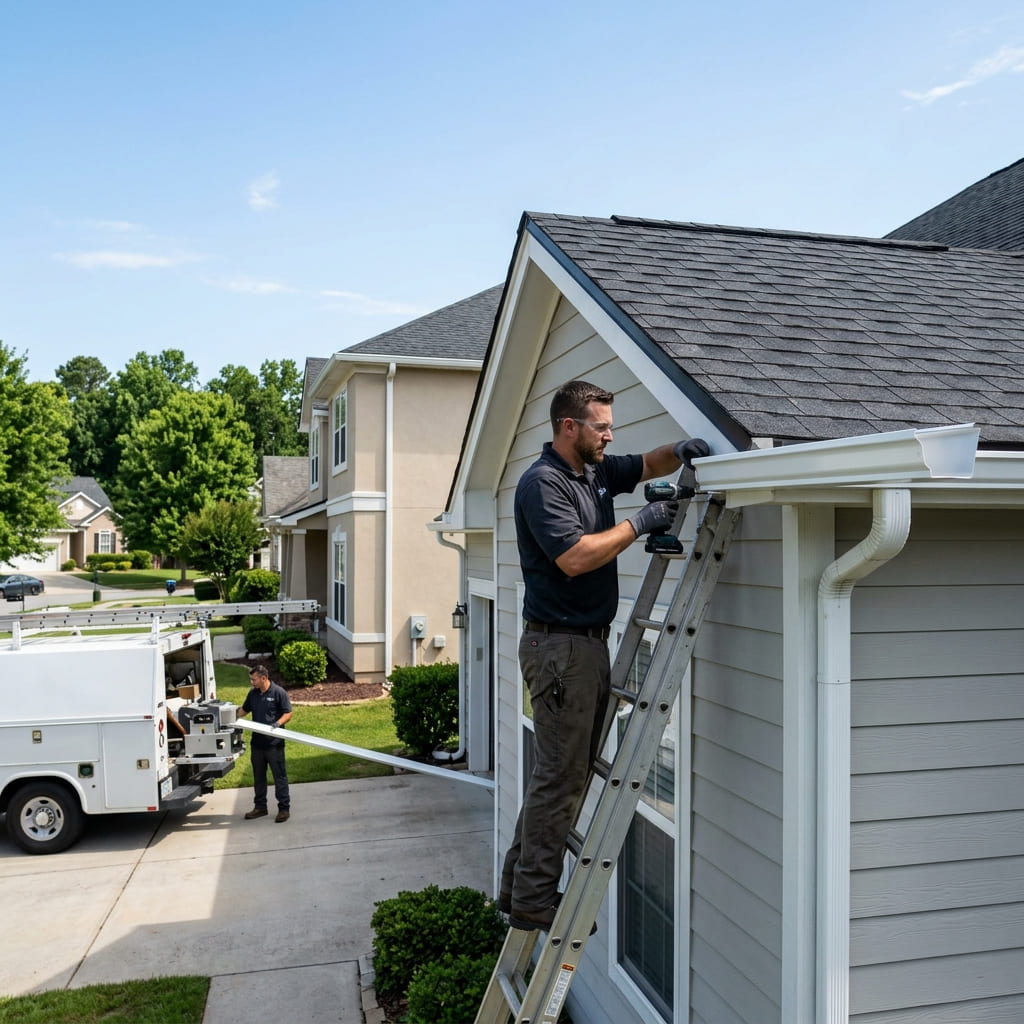 Seamless aluminum gutter being roll-formed on site outside a home in Augusta, Georgia