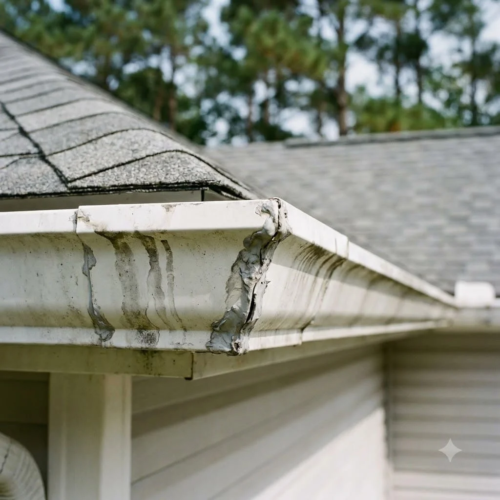 Sealant and dark water staining at the mitred lap joint of an older sectional aluminum gutter