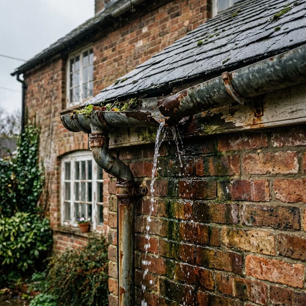Old rusted metal gutter and downspout leaking water down a weathered brick wall below a moss-covered roof