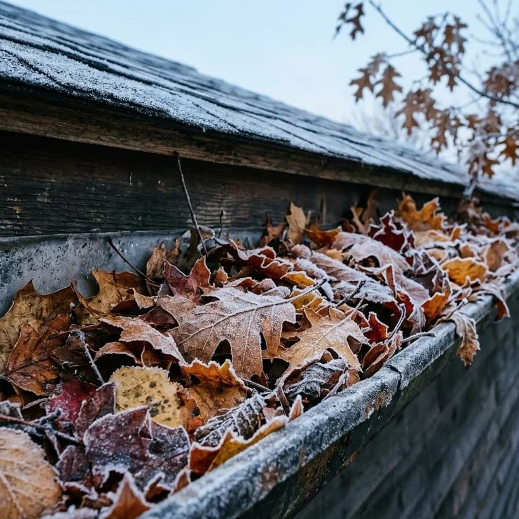 Frost-covered oak leaves packed into a gutter below a frosted shingle roof on a cold winter morning